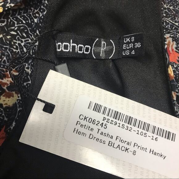 Boohoo Tasha Floral Print Hanky Hem Dress Beaded SIZE 4P Petite New Flaw - Picture 6 of 6
